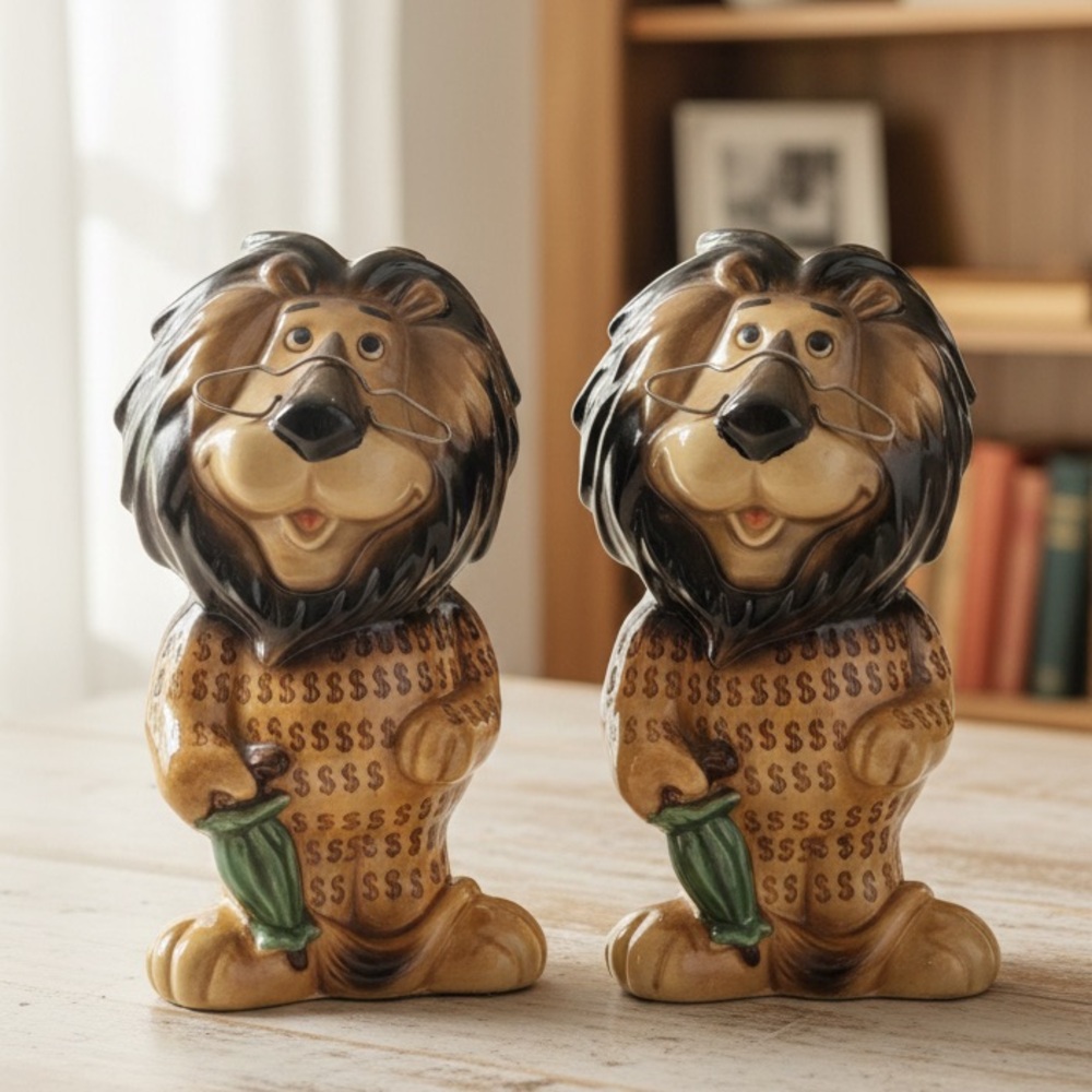 Vtg Lefton Hubert the Lion Ceramic Banks - Set of 2 - Harris Bank Mascot